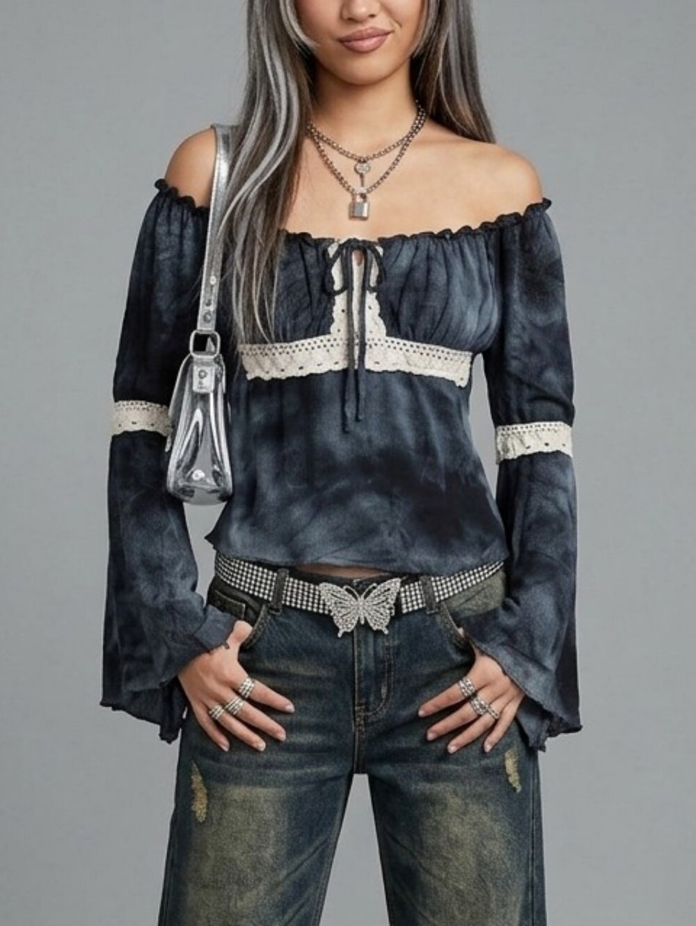 TRUE LIGHT Y2K Tie-Dye Peasant Streechy Blouse with Cream Crochet Trim Made USA